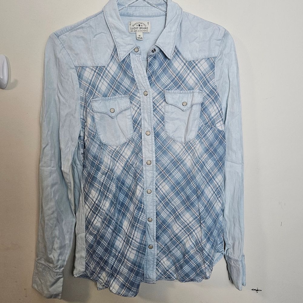 Lucky Brand Womens Button Down Soft Plaid Argyle Denim Pearl snap shirt Medium